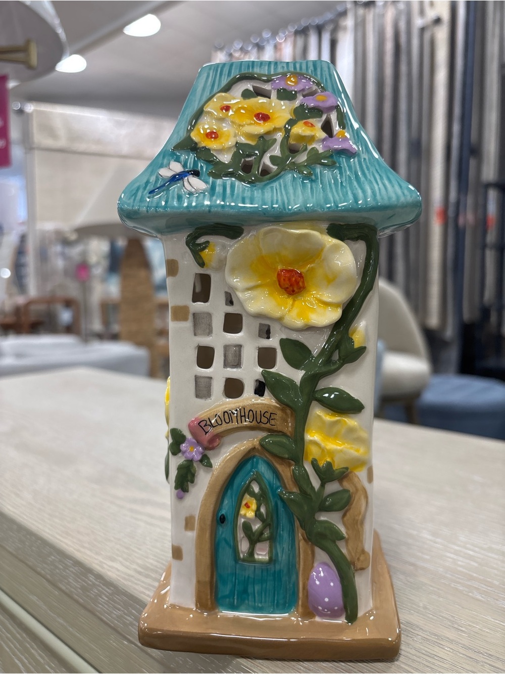 Blue Sky Ceramic Blue Teal Flower Cottage Luminary
